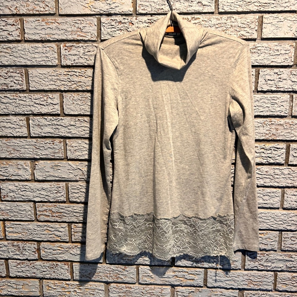 Sundance Womens Heather Gray Lace Hem Turtleneck Long Sleeve Top XS